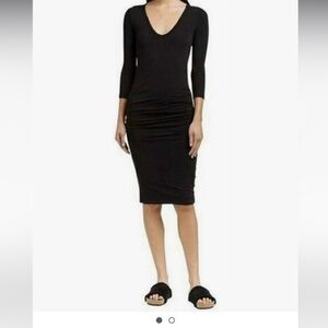 Standard James Perse Side Ruched V Neck 3/4 Sleeve Midi Dress Size 3 US Large